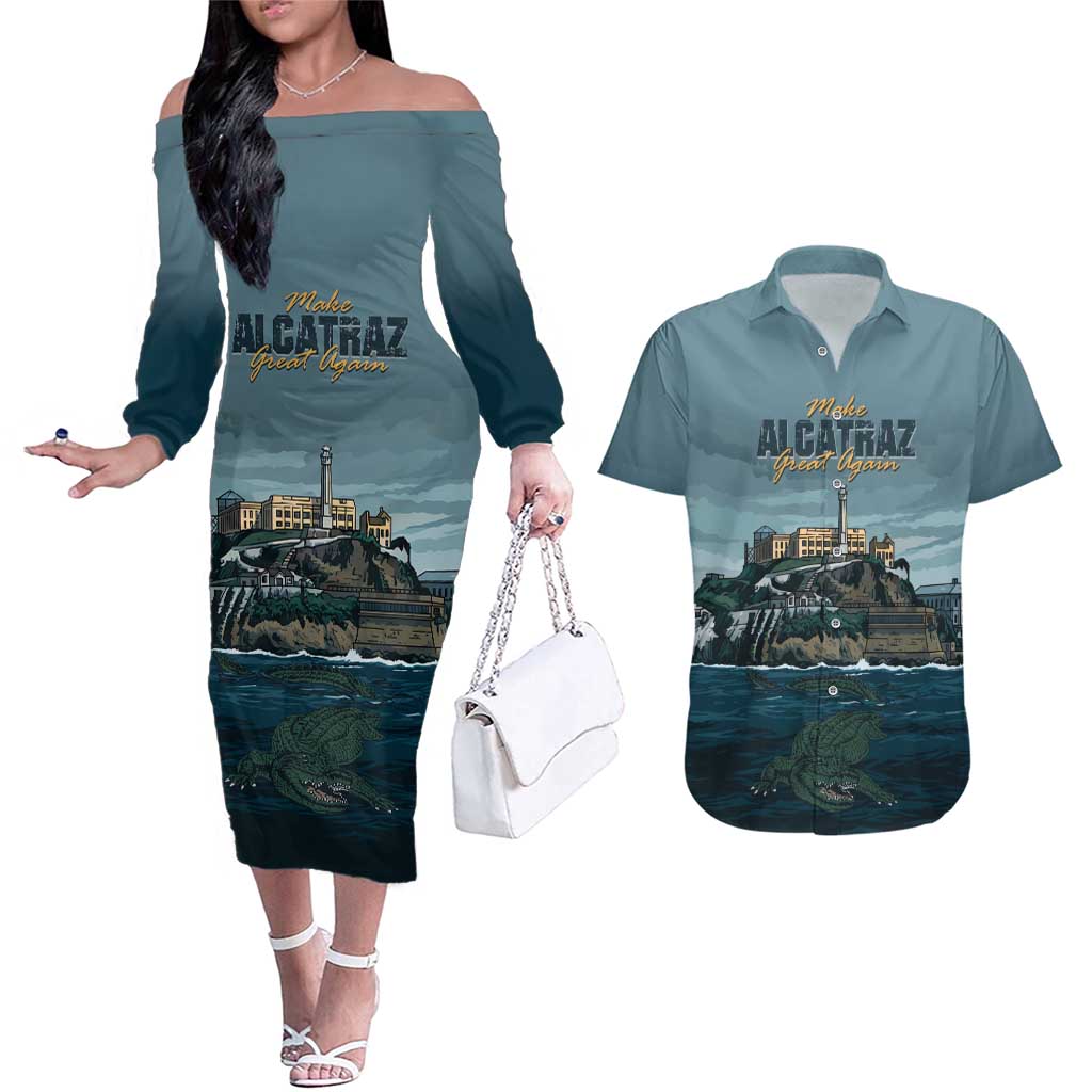 Make Alcatraz Great Again Couples Matching Off The Shoulder Long Sleeve Dress and Hawaiian Shirt Vintage Retro - Wonder Print Shop