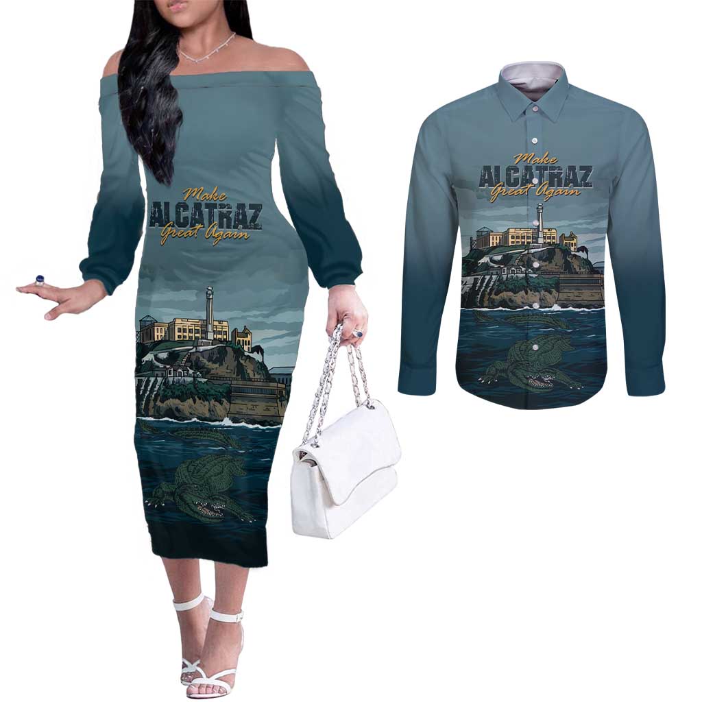 Make Alcatraz Great Again Couples Matching Off The Shoulder Long Sleeve Dress and Long Sleeve Button Shirt Vintage Retro - Wonder Print Shop