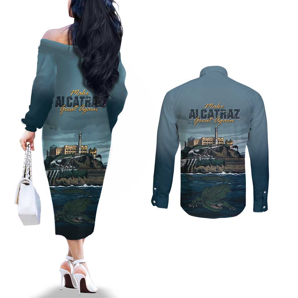 Make Alcatraz Great Again Couples Matching Off The Shoulder Long Sleeve Dress and Long Sleeve Button Shirt Vintage Retro - Wonder Print Shop