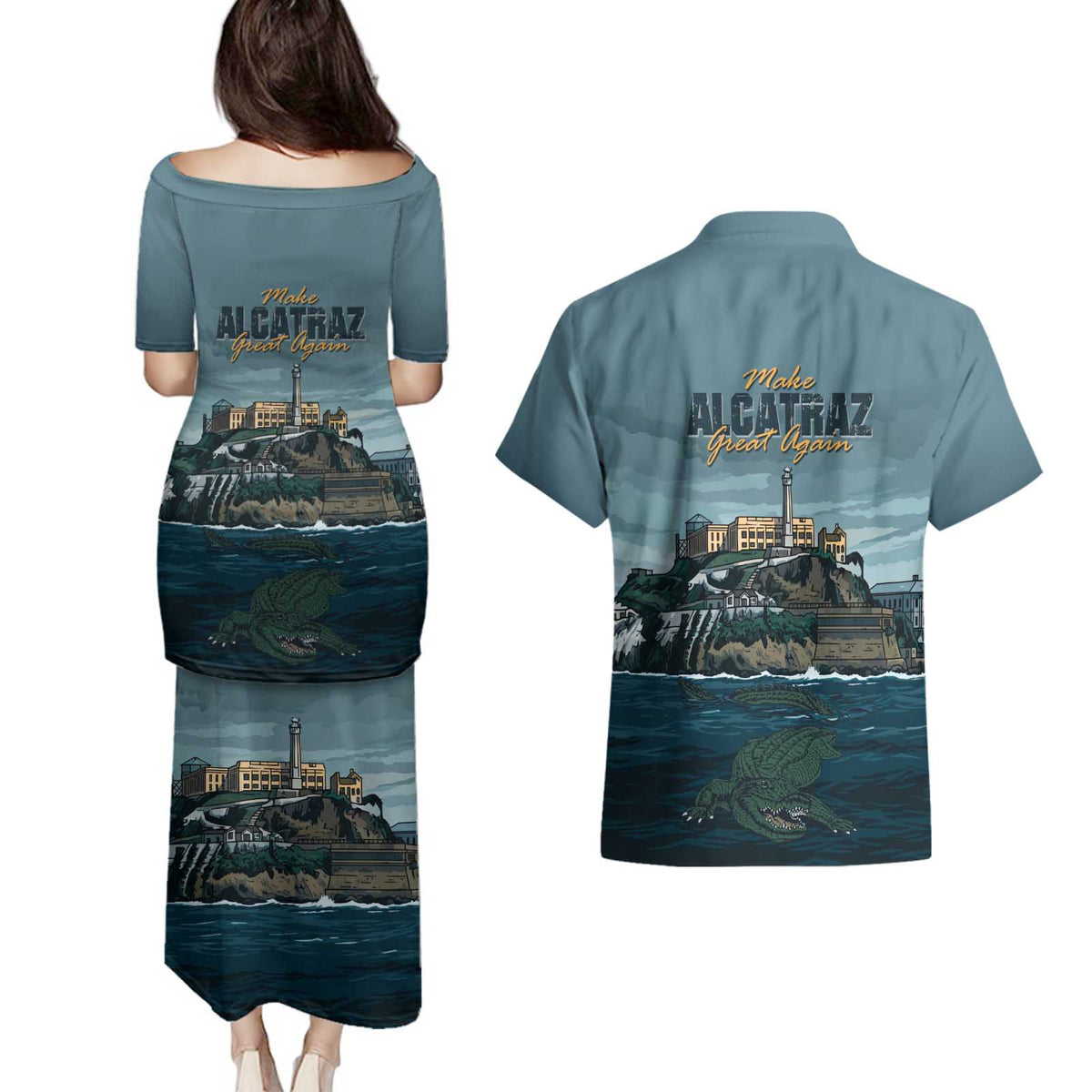 Make Alcatraz Great Again Couples Matching Puletasi and Hawaiian Shirt Vintage Retro - Wonder Print Shop