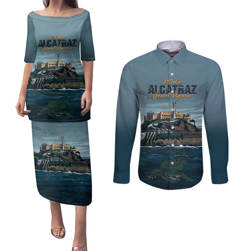 Make Alcatraz Great Again Couples Matching Puletasi and Long Sleeve Button Shirt Vintage Retro - Wonder Print Shop