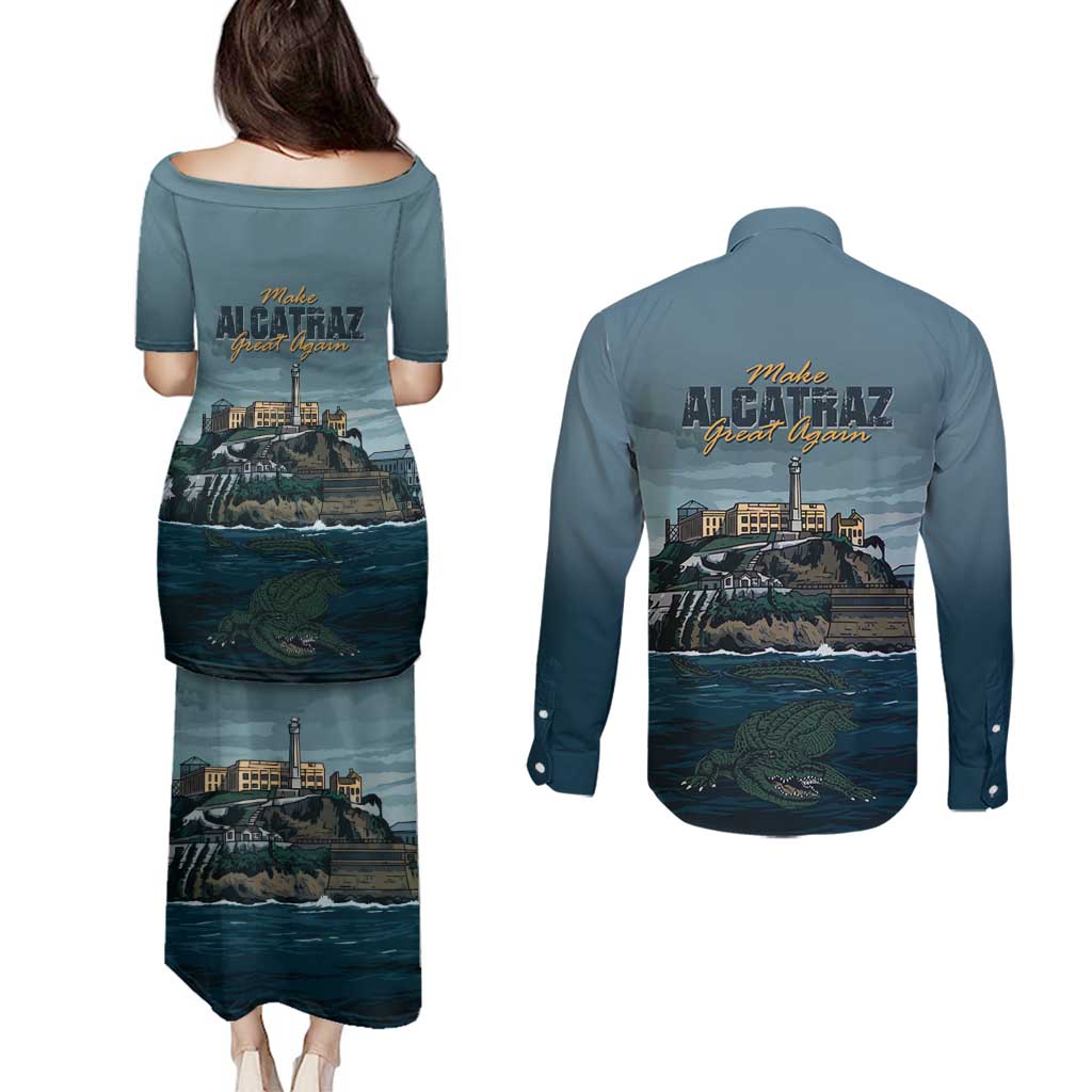 Make Alcatraz Great Again Couples Matching Puletasi and Long Sleeve Button Shirt Vintage Retro - Wonder Print Shop