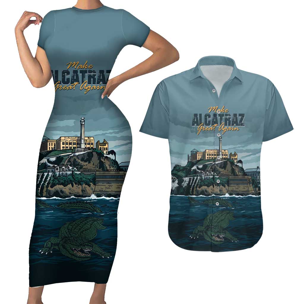 Make Alcatraz Great Again Couples Matching Short Sleeve Bodycon Dress and Hawaiian Shirt Vintage Retro - Wonder Print Shop