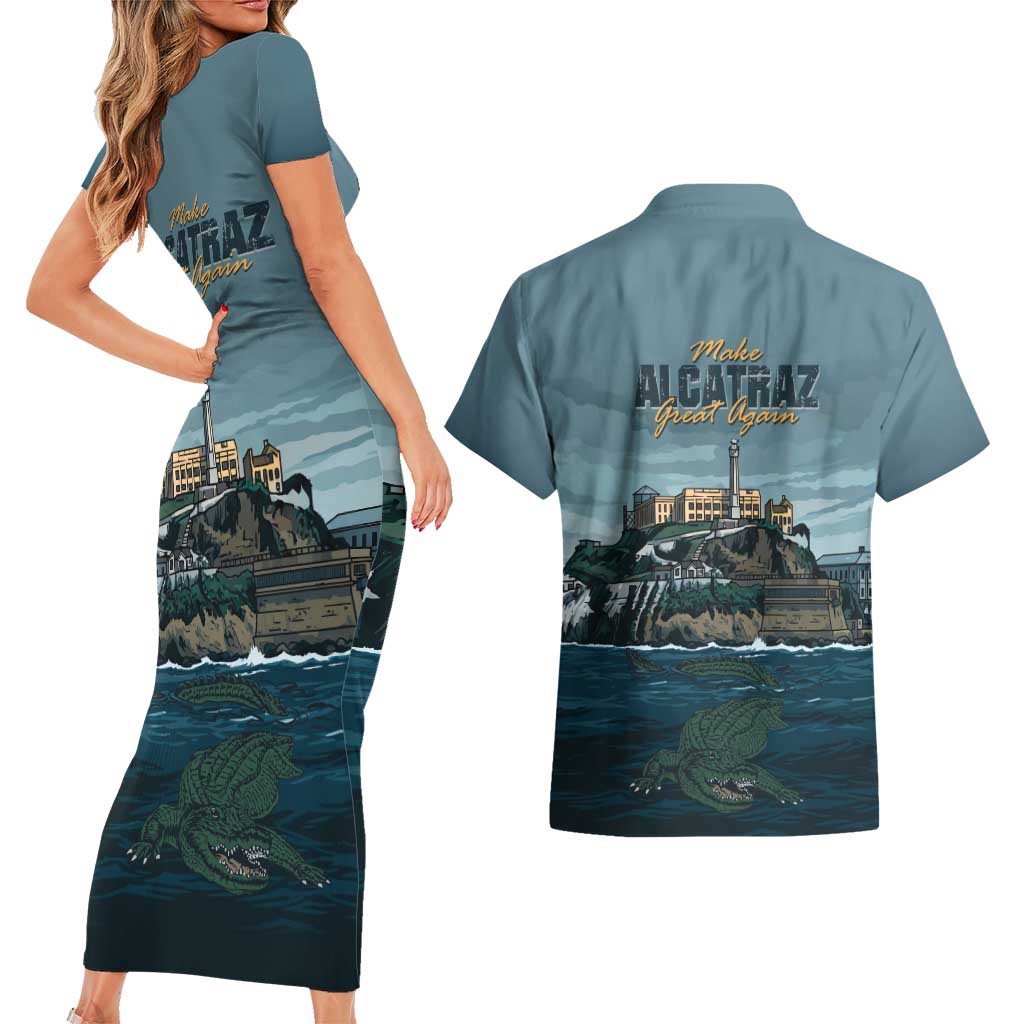 Make Alcatraz Great Again Couples Matching Short Sleeve Bodycon Dress and Hawaiian Shirt Vintage Retro - Wonder Print Shop
