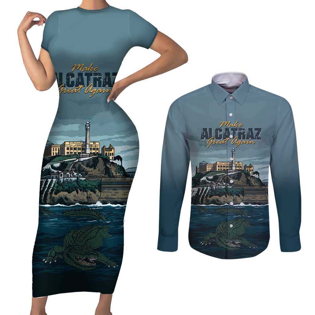 Make Alcatraz Great Again Couples Matching Short Sleeve Bodycon Dress and Long Sleeve Button Shirt Vintage Retro - Wonder Print Shop