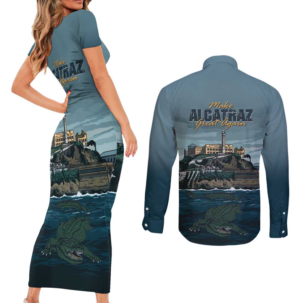 Make Alcatraz Great Again Couples Matching Short Sleeve Bodycon Dress and Long Sleeve Button Shirt Vintage Retro - Wonder Print Shop