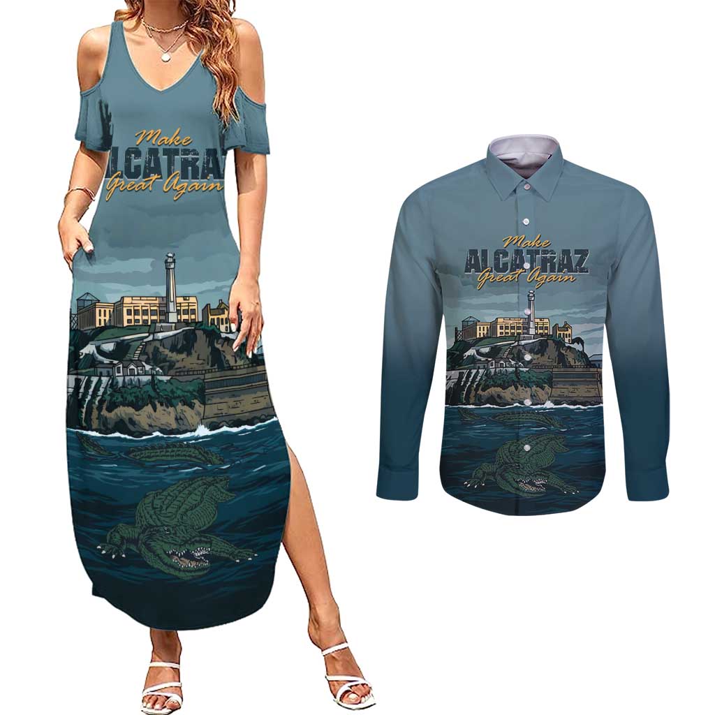 Make Alcatraz Great Again Couples Matching Summer Maxi Dress and Long Sleeve Button Shirt Vintage Retro - Wonder Print Shop