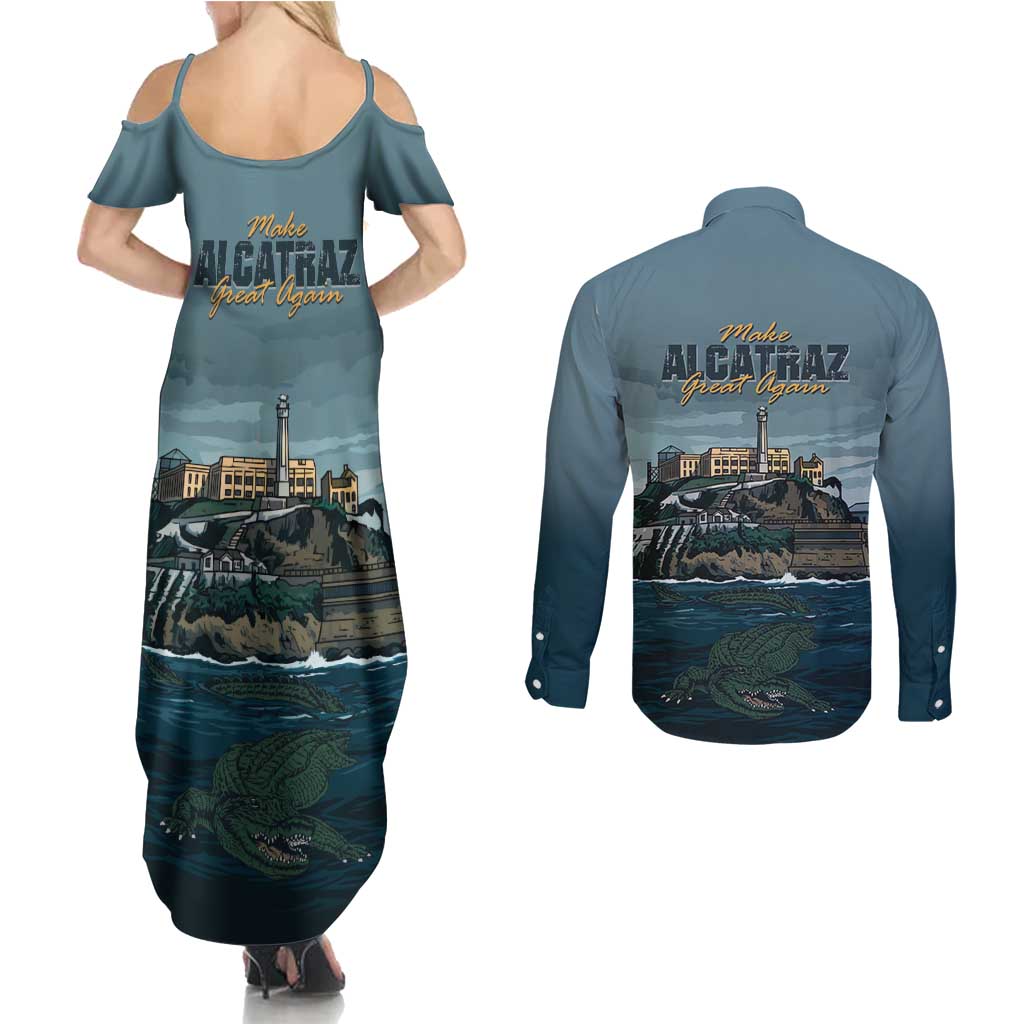 Make Alcatraz Great Again Couples Matching Summer Maxi Dress and Long Sleeve Button Shirt Vintage Retro - Wonder Print Shop