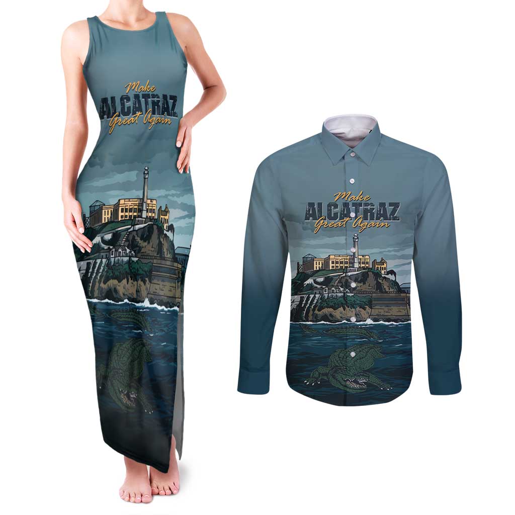 Make Alcatraz Great Again Couples Matching Tank Maxi Dress and Long Sleeve Button Shirt Vintage Retro - Wonder Print Shop
