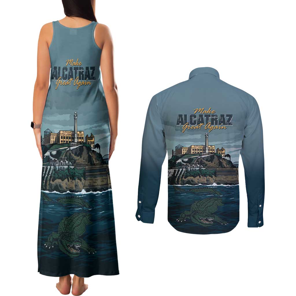 Make Alcatraz Great Again Couples Matching Tank Maxi Dress and Long Sleeve Button Shirt Vintage Retro - Wonder Print Shop