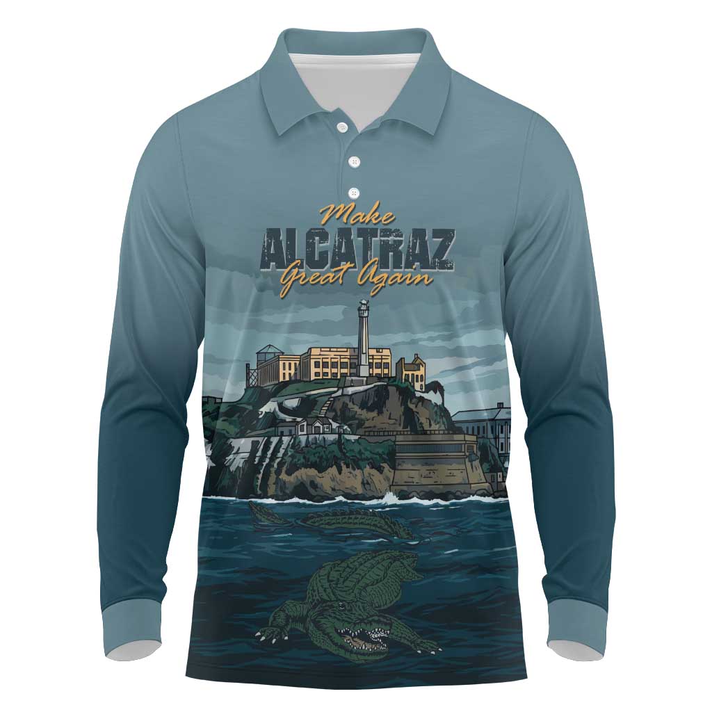 Make Alcatraz Great Again Long Sleeve Polo Shirt Vintage Retro - Wonder Print Shop