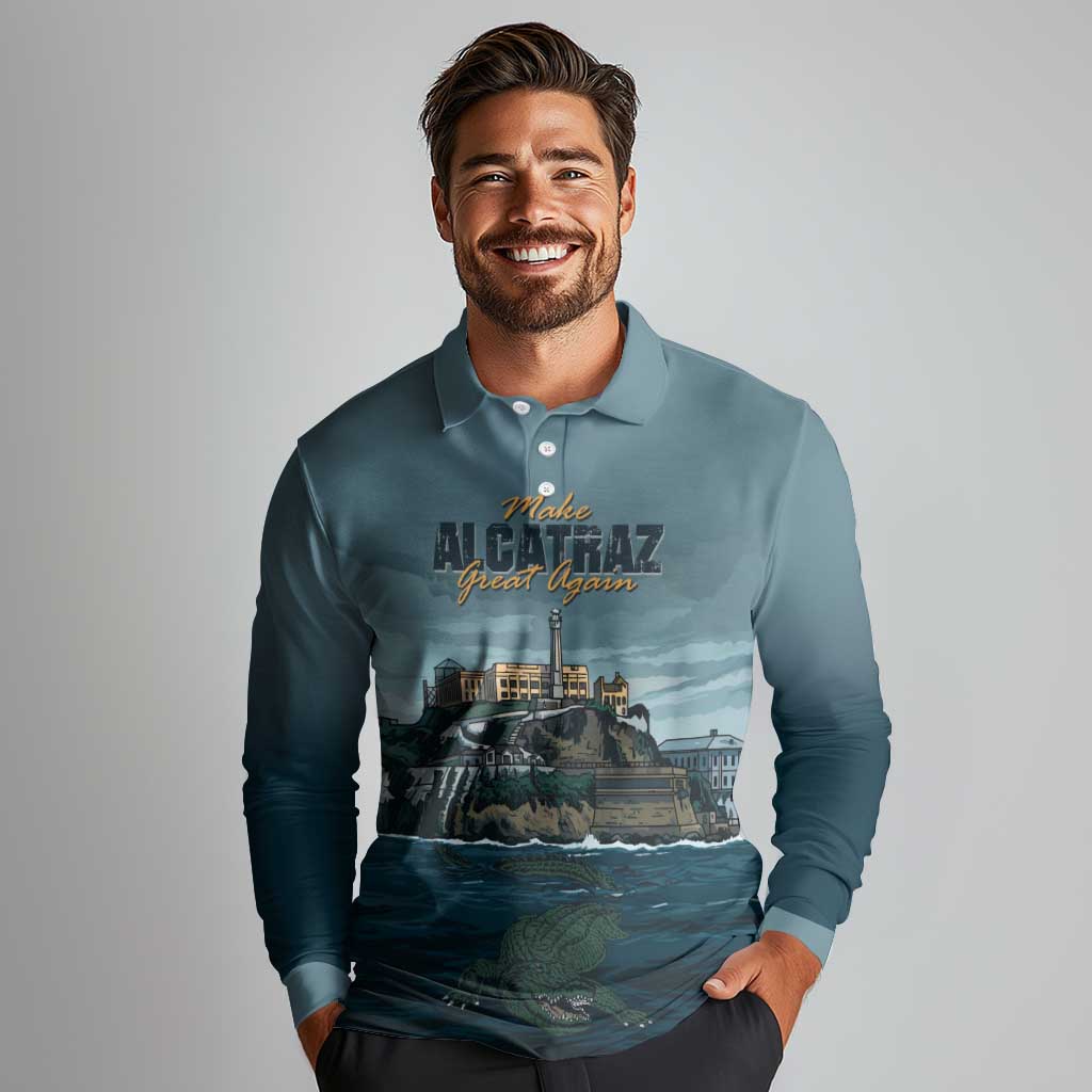 Make Alcatraz Great Again Long Sleeve Polo Shirt Vintage Retro - Wonder Print Shop