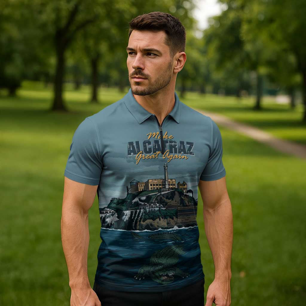 Make Alcatraz Great Again Zipper Polo Shirt Vintage Retro - Wonder Print Shop