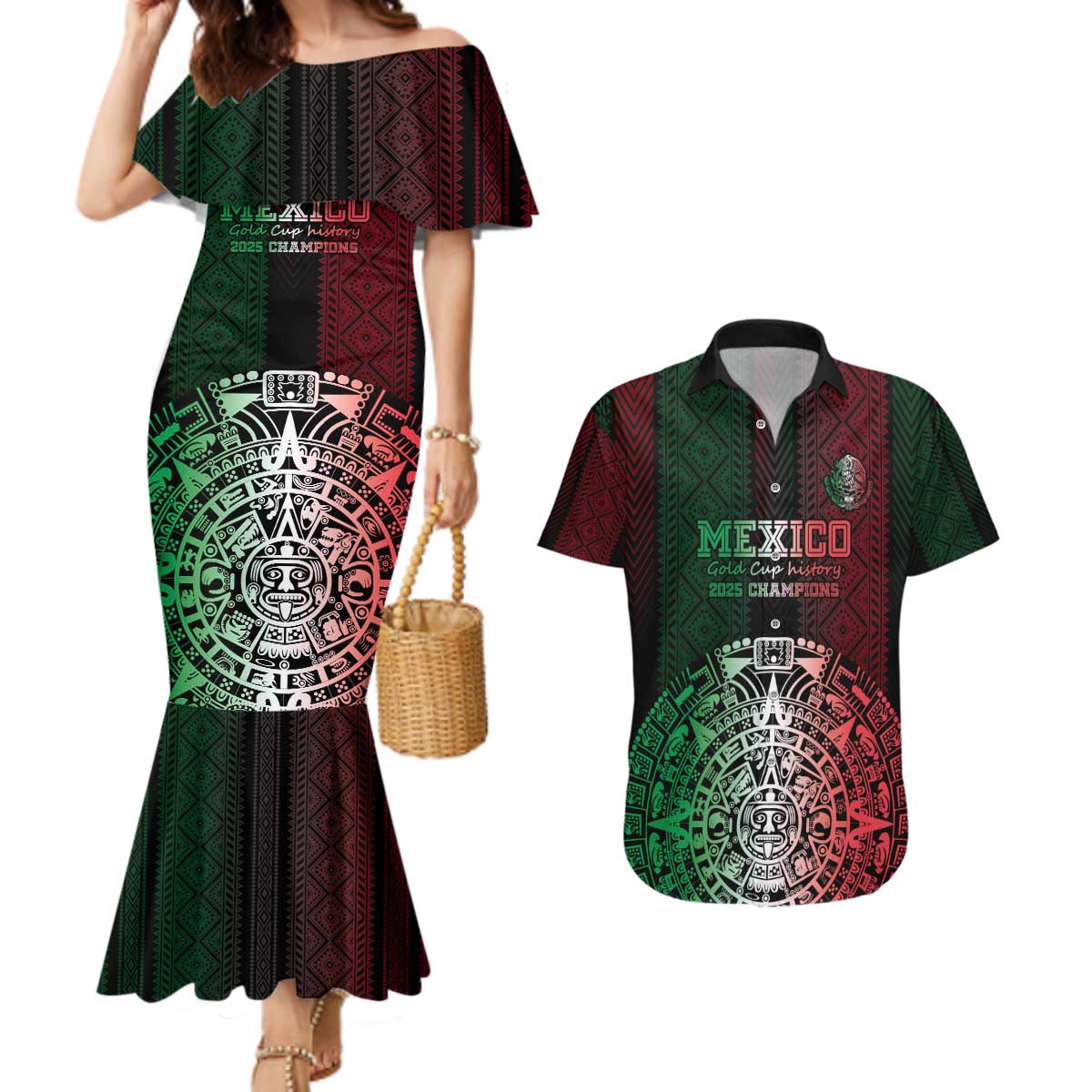 Mexico Football Custom Couples Matching Mermaid Dress and Hawaiian Shirt Mexico's Make History 2025 Flag Style - Wonder Print Shop