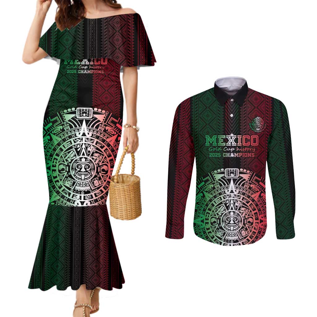 Mexico Football Custom Couples Matching Mermaid Dress and Long Sleeve Button Shirt Mexico's Make History 2025 Flag Style - Wonder Print Shop