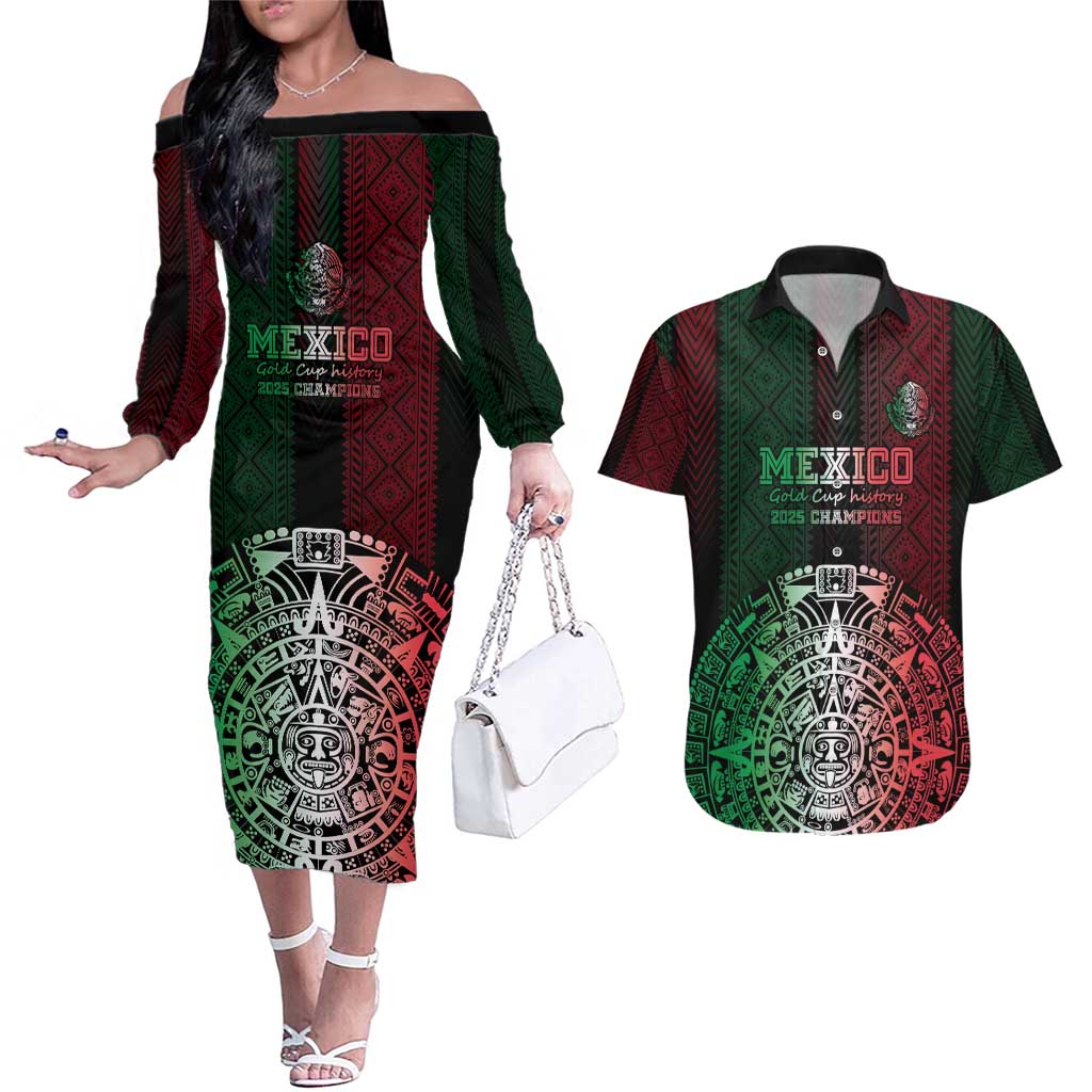 Mexico Football Custom Couples Matching Off The Shoulder Long Sleeve Dress and Hawaiian Shirt Mexico's Make History 2025 Flag Style - Wonder Print Shop