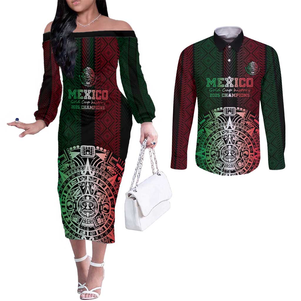 Mexico Football Custom Couples Matching Off The Shoulder Long Sleeve Dress and Long Sleeve Button Shirt Mexico's Make History 2025 Flag Style - Wonder Print Shop