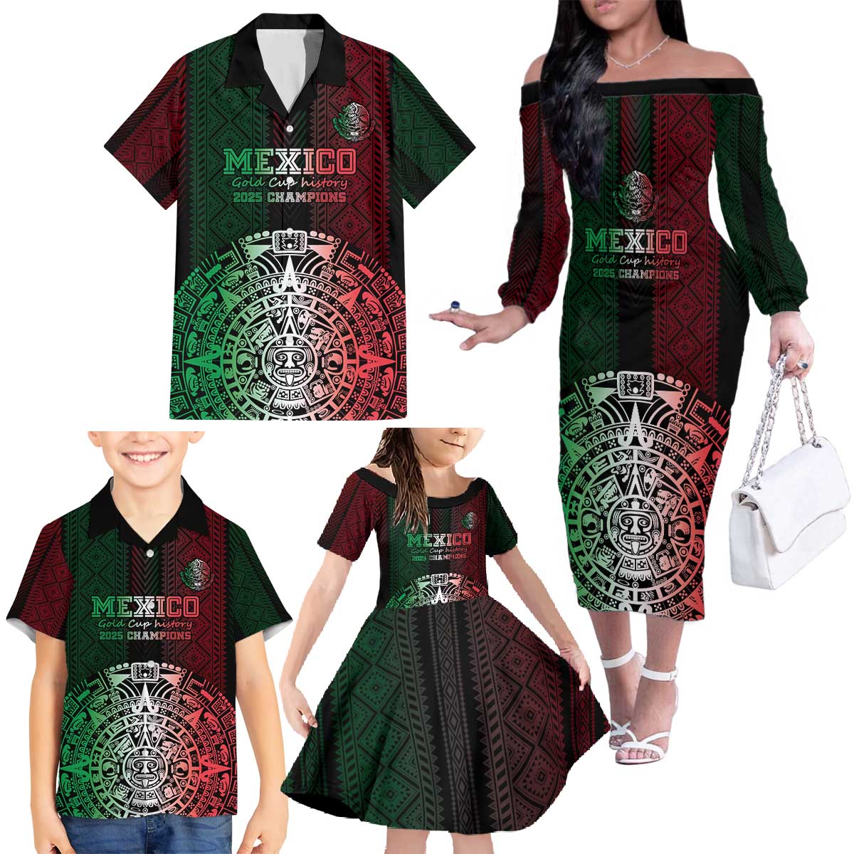 Mexico Football Custom Family Matching Off The Shoulder Long Sleeve Dress and Hawaiian Shirt Mexico's Make History 2025 Flag Style - Wonder Print Shop