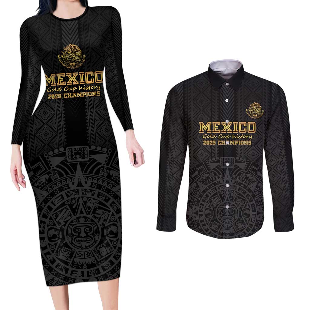Mexico Football Custom Couples Matching Long Sleeve Bodycon Dress and Long Sleeve Button Shirt Mexico's Make History 2025 Gold Style - Wonder Print Shop