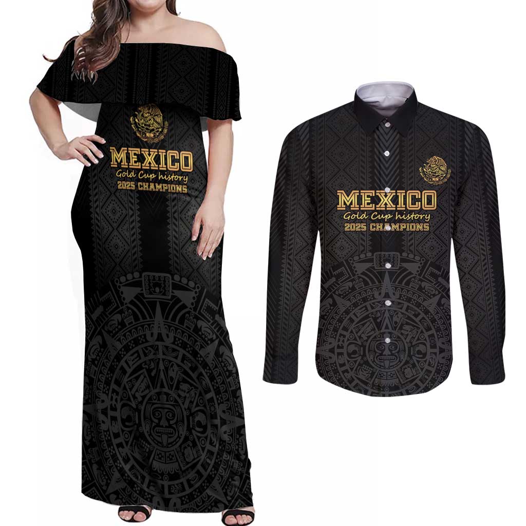 Mexico Football Custom Couples Matching Off Shoulder Maxi Dress and Long Sleeve Button Shirt Mexico's Make History 2025 Gold Style - Wonder Print Shop