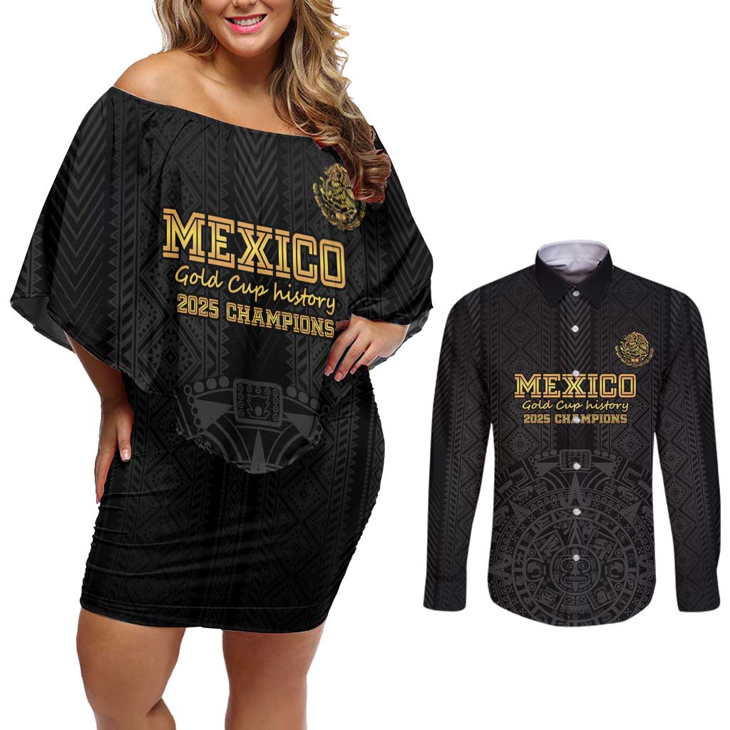 Mexico Football Custom Couples Matching Off Shoulder Short Dress and Long Sleeve Button Shirt Mexico's Make History 2025 Gold Style - Wonder Print Shop