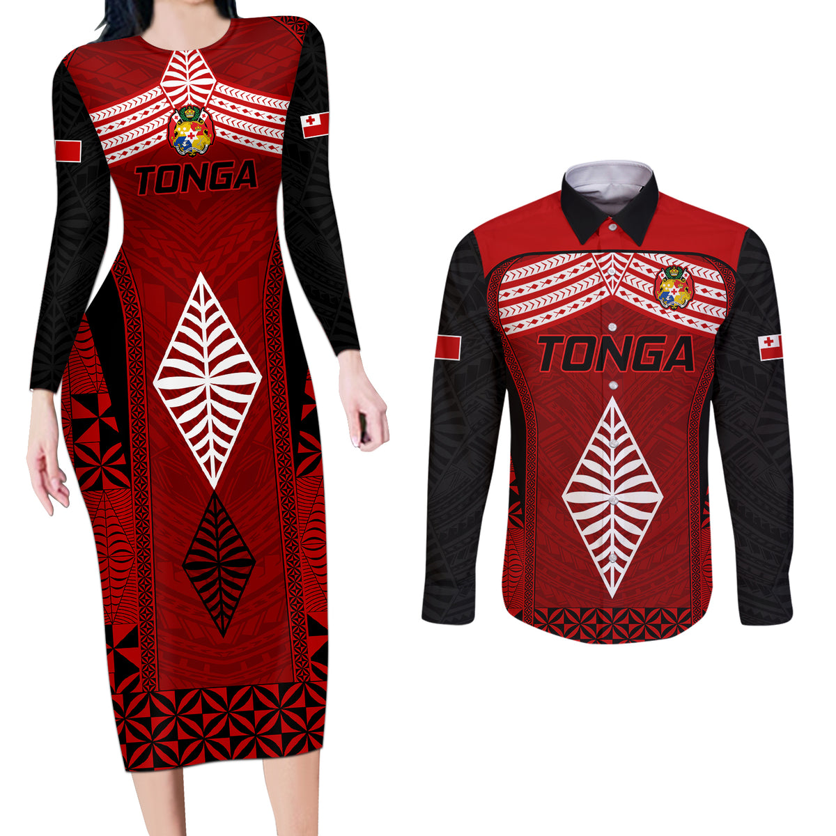 Tonga Rugby Couples Matching Long Sleeve Bodycon Dress and Long Sleeve Button Shirts Go Champions World Cup 2023 Ngatu Unique LT9 - Wonder Print Shop