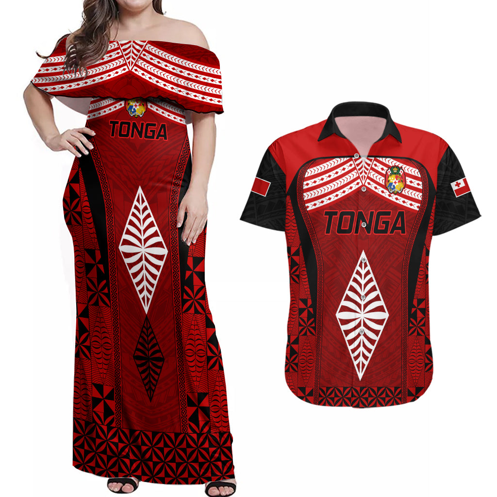 Tonga Rugby Couples Matching Off Shoulder Maxi Dress and Hawaiian Shirt Go Champions World Cup 2023 Ngatu Unique LT9 - Wonder Print Shop