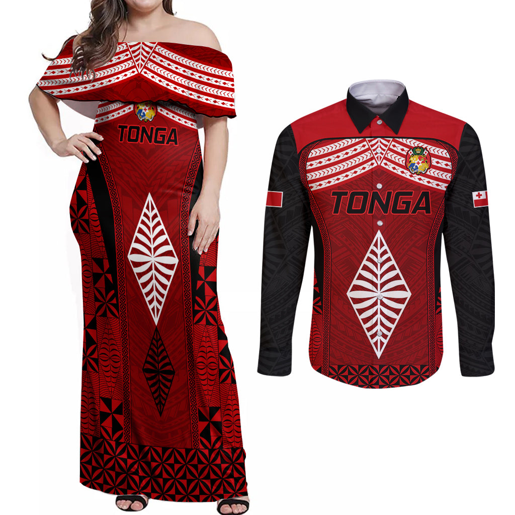 Tonga Rugby Couples Matching Off Shoulder Maxi Dress and Long Sleeve Button Shirts Go Champions World Cup 2023 Ngatu Unique LT9 - Wonder Print Shop