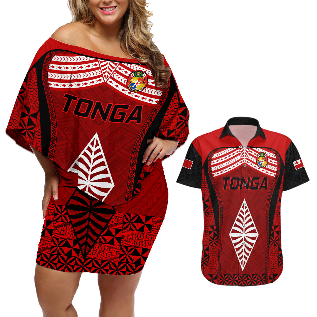 Tonga Rugby Couples Matching Off Shoulder Short Dress and Hawaiian Shirt Go Champions World Cup 2023 Ngatu Unique LT9 - Wonder Print Shop