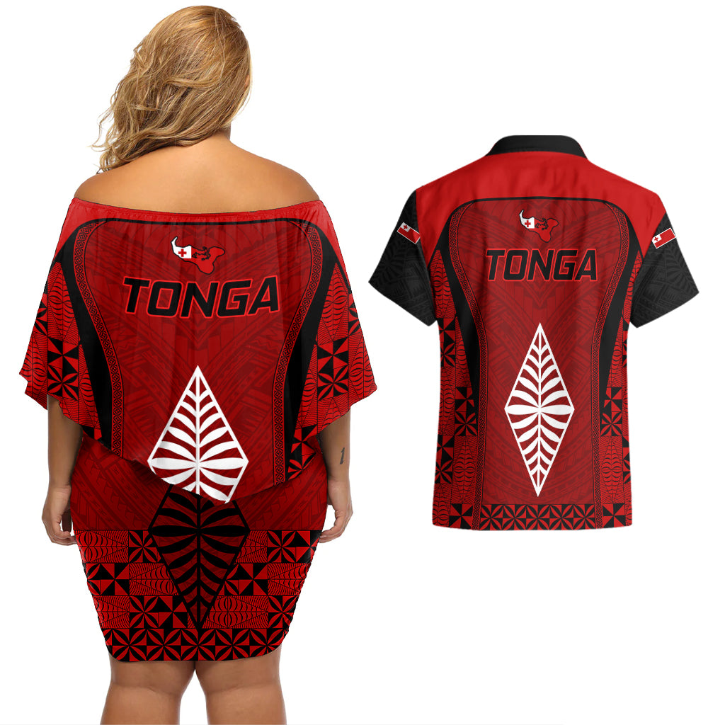 Tonga Rugby Couples Matching Off Shoulder Short Dress and Hawaiian Shirt Go Champions World Cup 2023 Ngatu Unique LT9 - Wonder Print Shop