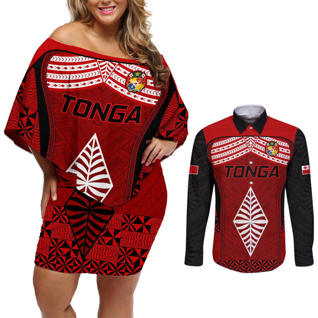 Tonga Rugby Couples Matching Off Shoulder Short Dress and Long Sleeve Button Shirts Go Champions World Cup 2023 Ngatu Unique LT9 - Wonder Print Shop