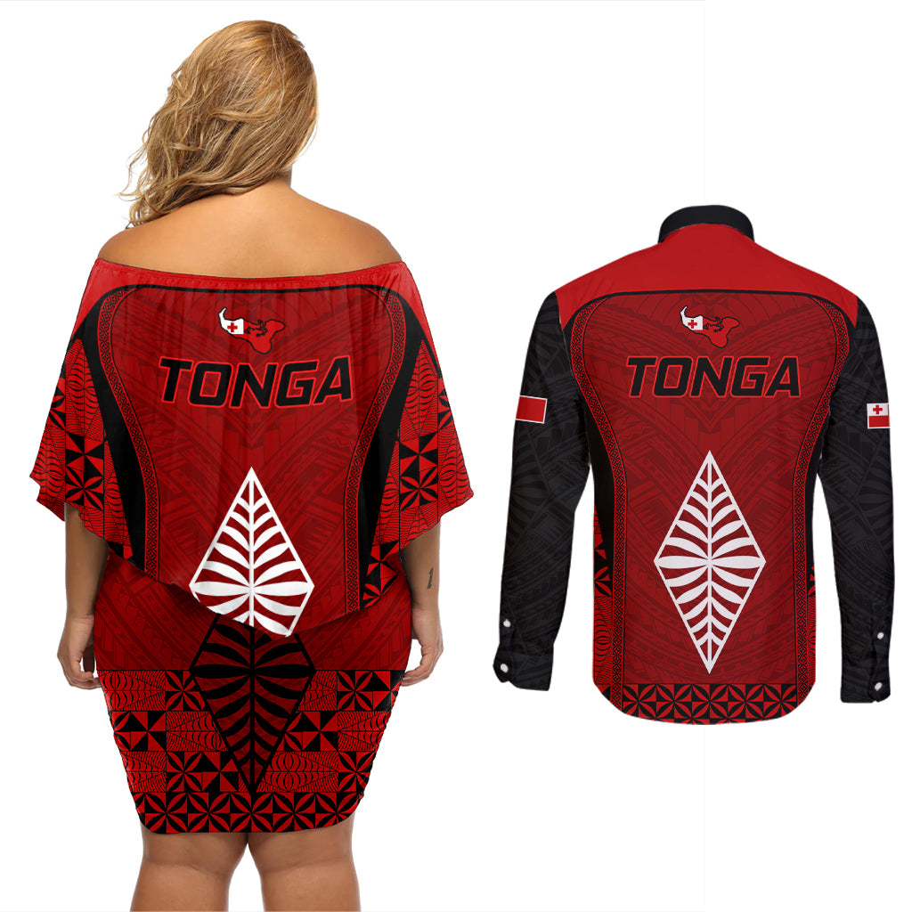 Tonga Rugby Couples Matching Off Shoulder Short Dress and Long Sleeve Button Shirts Go Champions World Cup 2023 Ngatu Unique LT9 - Wonder Print Shop