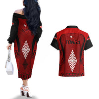 Tonga Rugby Couples Matching Off The Shoulder Long Sleeve Dress and Hawaiian Shirt Go Champions World Cup 2023 Ngatu Unique LT9 - Wonder Print Shop