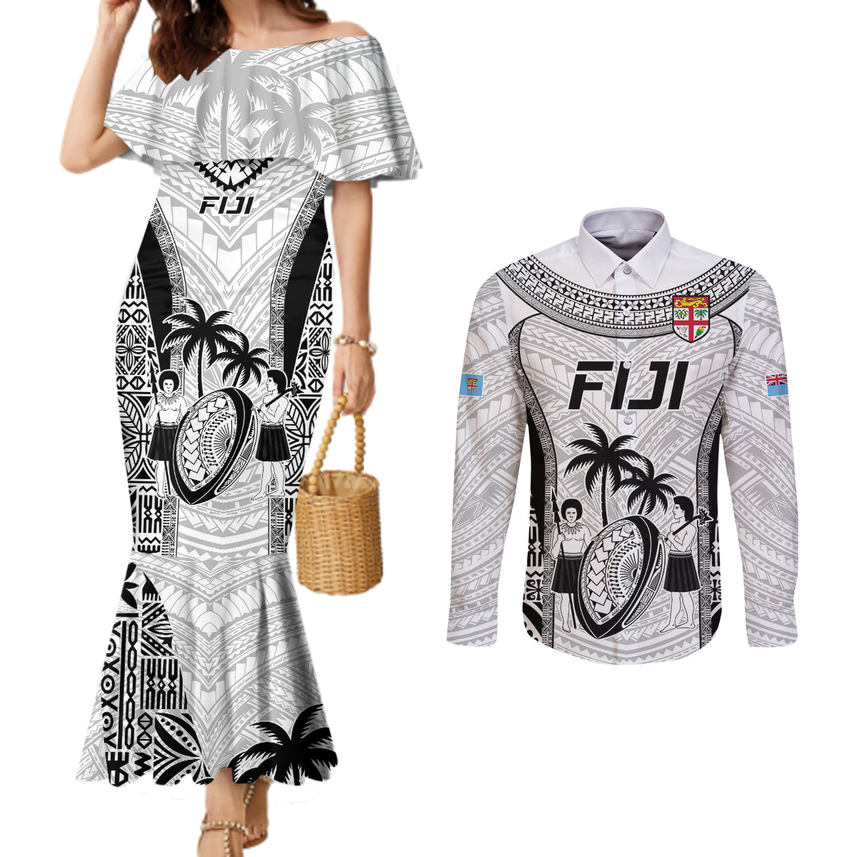 fiji-rugby-couples-matching-mermaid-dress-and-long-sleeve-button-shirts-go-champions-world-cup-2023-tapa-unique-white-vibe