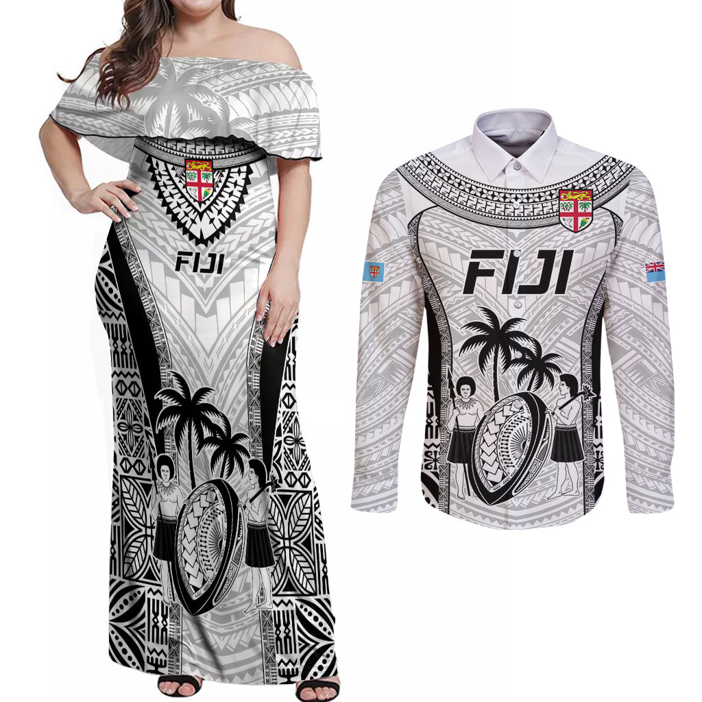 Fiji Rugby Couples Matching Off Shoulder Maxi Dress and Long Sleeve Button Shirts Go Champions World Cup 2023 Tapa Unique White Vibe LT9 - Wonder Print Shop