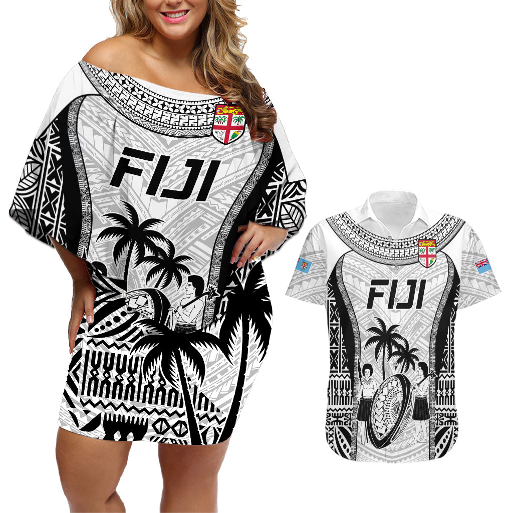 Fiji Rugby Couples Matching Off Shoulder Short Dress and Hawaiian Shirt Go Champions World Cup 2023 Tapa Unique White Vibe LT9 - Wonder Print Shop