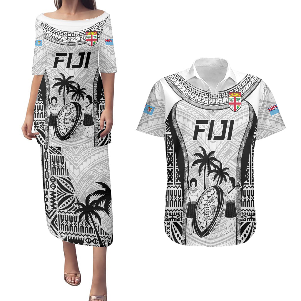 Fiji Rugby Couples Matching Puletasi Dress and Hawaiian Shirt Go Champions World Cup 2023 Tapa Unique White Vibe LT9 - Wonder Print Shop