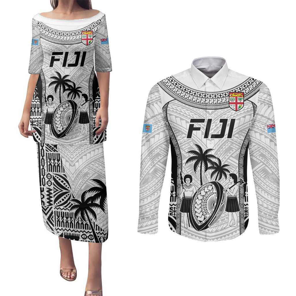 Fiji Rugby Couples Matching Puletasi Dress and Long Sleeve Button Shirts Go Champions World Cup 2023 Tapa Unique White Vibe LT9 - Wonder Print Shop