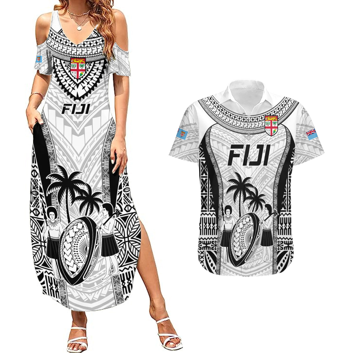 Fiji Rugby Couples Matching Summer Maxi Dress and Hawaiian Shirt Go Champions World Cup 2023 Tapa Unique White Vibe LT9 - Wonder Print Shop