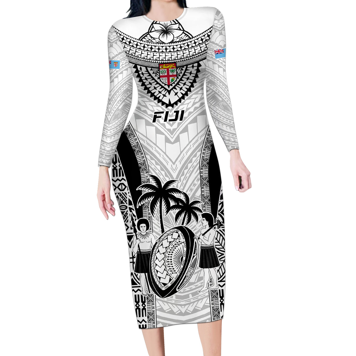 Fiji Rugby Long Sleeve Bodycon Dress Go Champions World Cup 2023 Tapa Unique White Vibe - Wonder Print Shop