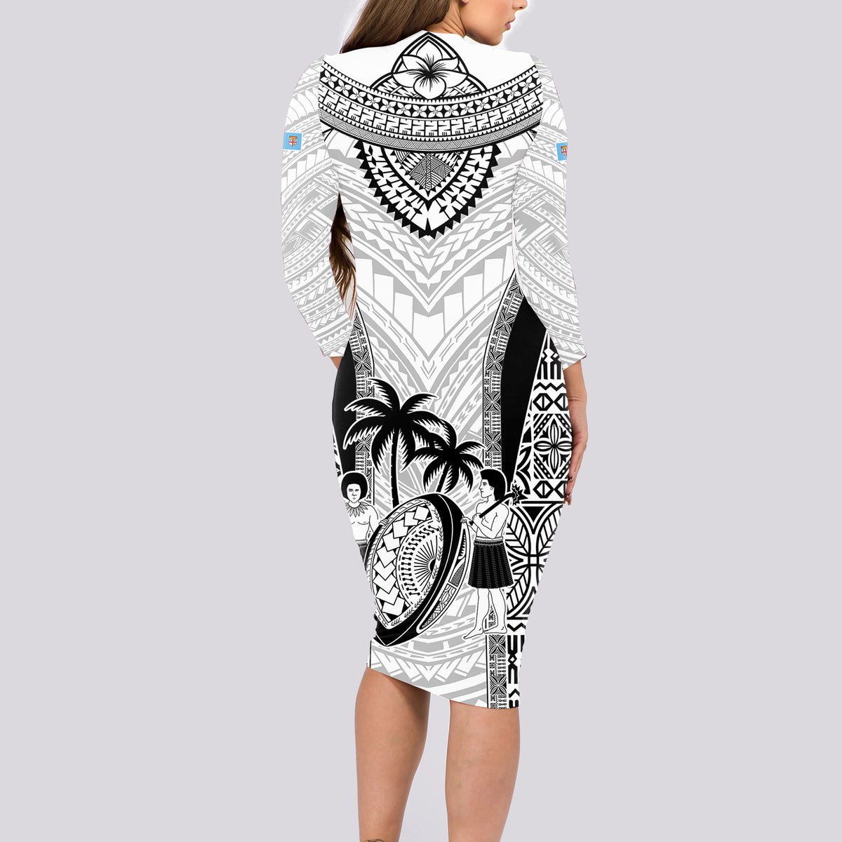 Fiji Rugby Long Sleeve Bodycon Dress Go Champions World Cup 2023 Tapa Unique White Vibe - Wonder Print Shop