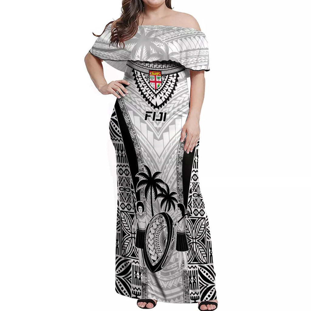 Fiji Rugby Off Shoulder Maxi Dress Go Champions World Cup 2023 Tapa Unique White Vibe - Wonder Print Shop