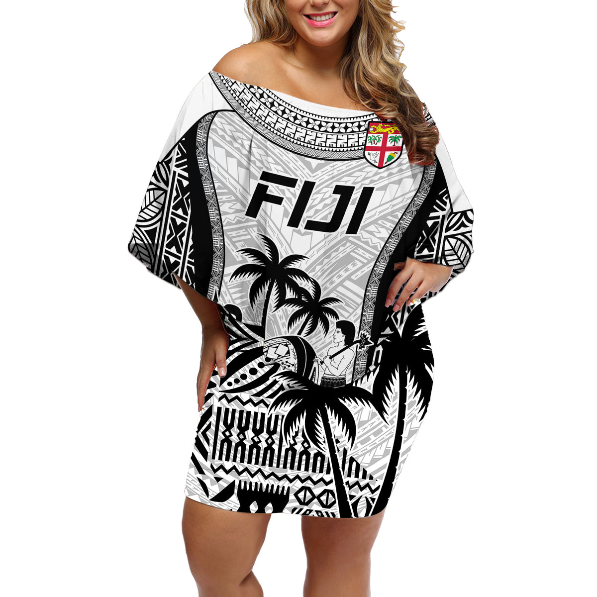Fiji Rugby Off Shoulder Short Dress Go Champions World Cup 2023 Tapa Unique White Vibe - Wonder Print Shop