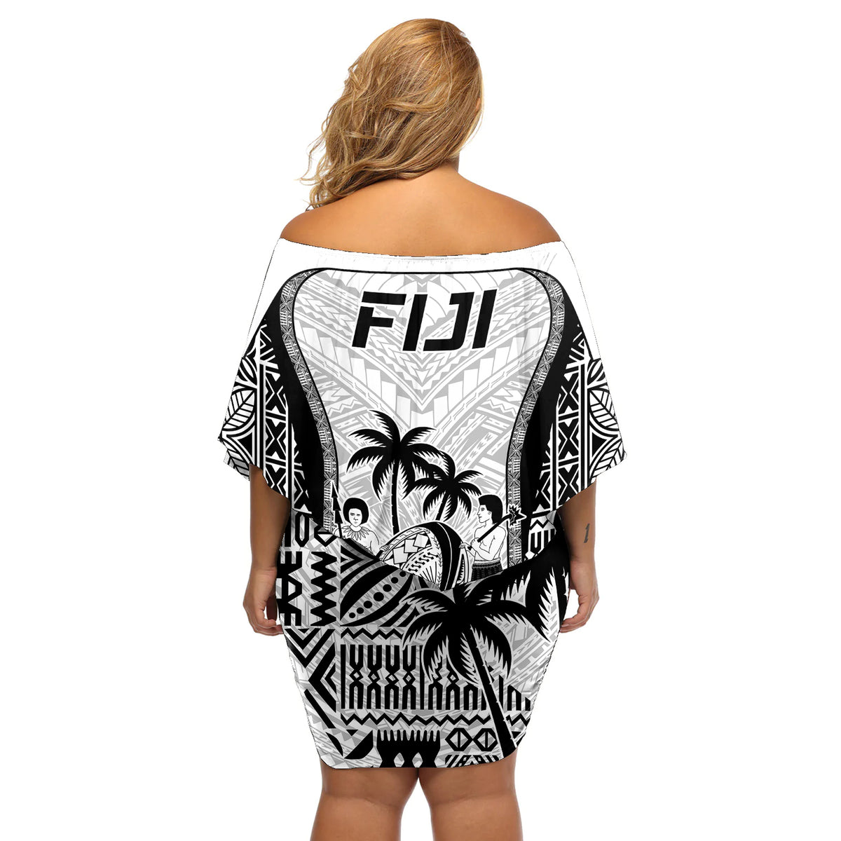 Fiji Rugby Off Shoulder Short Dress Go Champions World Cup 2023 Tapa Unique White Vibe - Wonder Print Shop