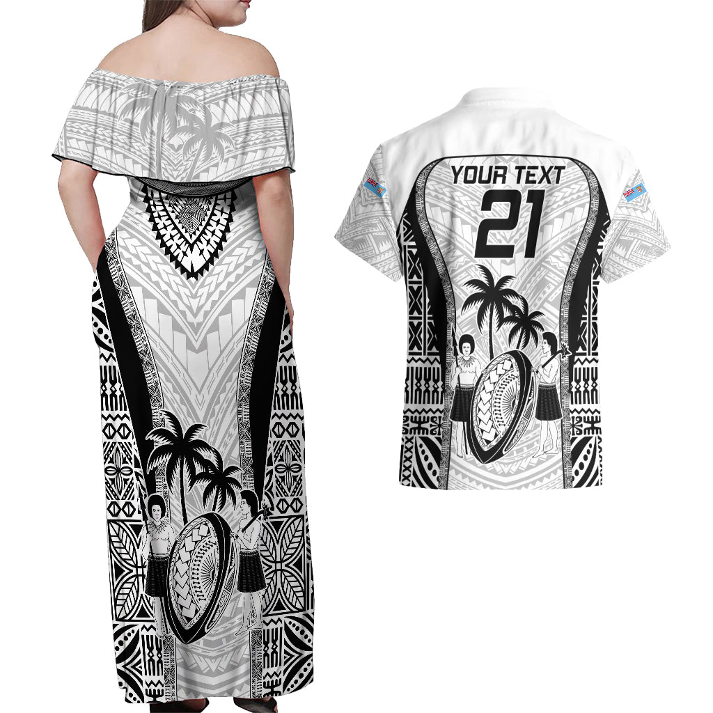 Custom Fiji Rugby Couples Matching Off Shoulder Maxi Dress and Hawaiian Shirt Go Champions World Cup 2023 Tapa Unique White Vibe LT9 - Wonder Print Shop