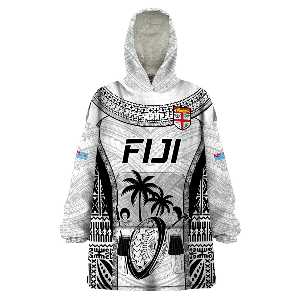 Custom Fiji Rugby Wearable Blanket Hoodie Go Champions World Cup 2023 Tapa Unique White Vibe - Wonder Print Shop