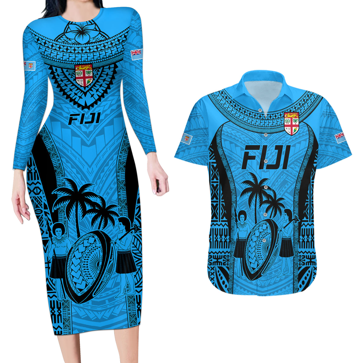 Fiji Rugby Couples Matching Long Sleeve Bodycon Dress and Hawaiian Shirt Go Champions World Cup 2023 Tapa Unique Blue Vibe LT9 - Wonder Print Shop