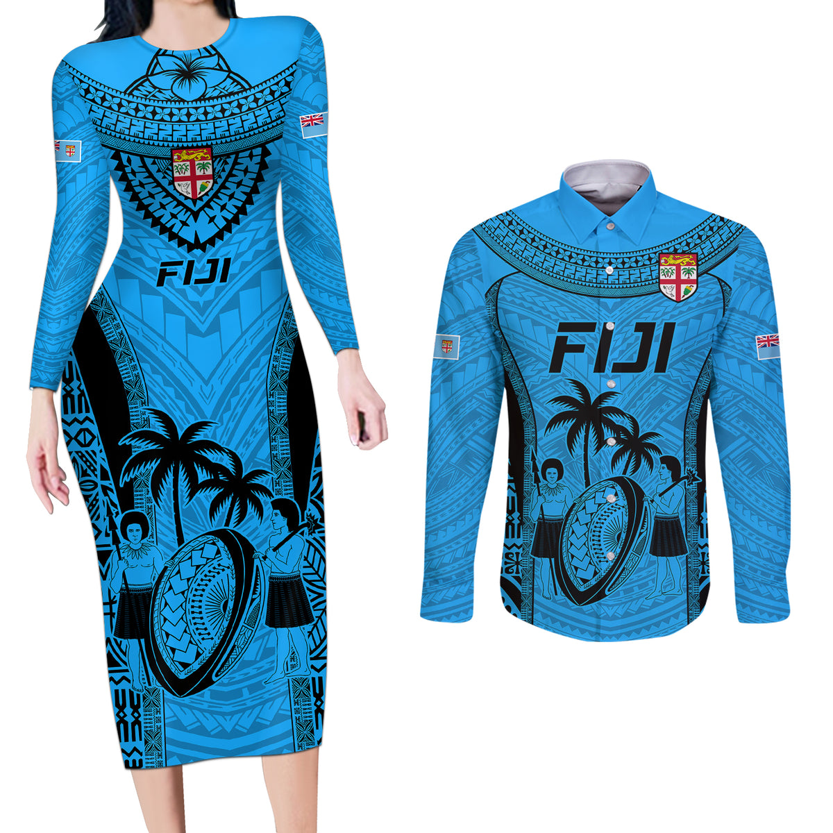 Fiji Rugby Couples Matching Long Sleeve Bodycon Dress and Long Sleeve Button Shirts Go Champions World Cup 2023 Tapa Unique Blue Vibe LT9 - Wonder Print Shop