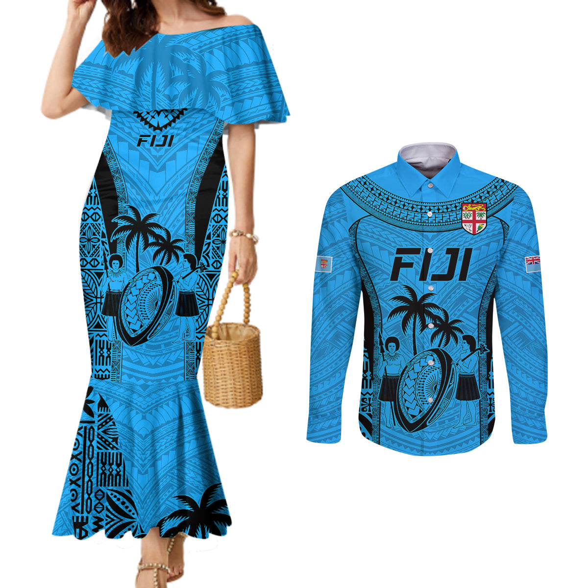 fiji-rugby-couples-matching-mermaid-dress-and-long-sleeve-button-shirts-go-champions-world-cup-2023-tapa-unique-blue-vibe