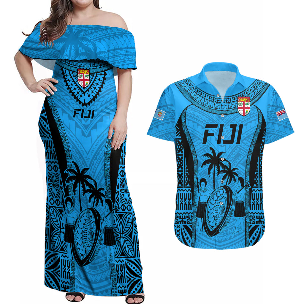 Fiji Rugby Couples Matching Off Shoulder Maxi Dress and Hawaiian Shirt Go Champions World Cup 2023 Tapa Unique Blue Vibe LT9 - Wonder Print Shop